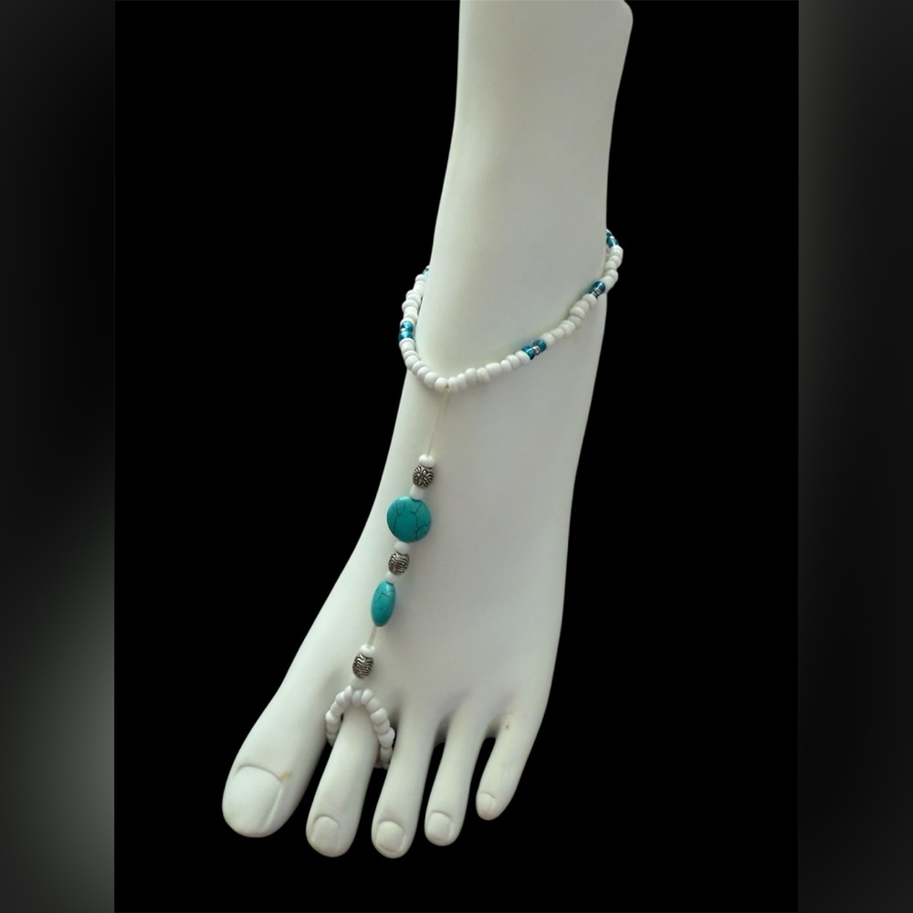 Turquoise & White Beaded Barefoot Flip Flops - Boho Foot Jewelry NEW BOUTIQUE